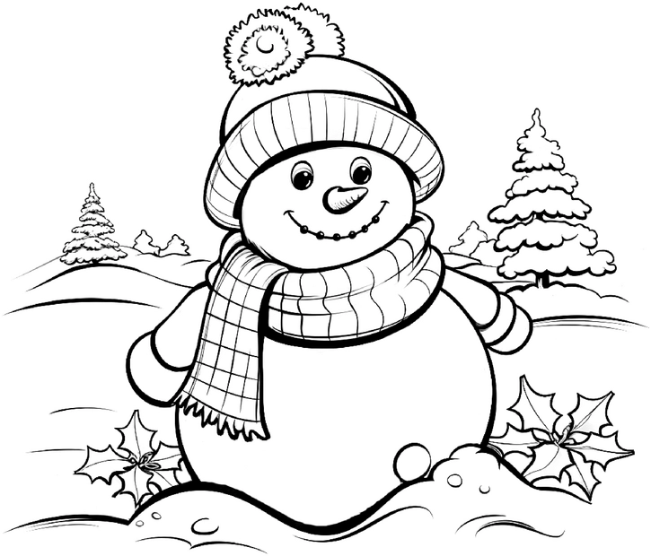 malvorlage-freundlicher-schneemann-in-winterlandschaft