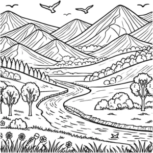 malvorlage-friedliche-landschaft-fluss-und-berge