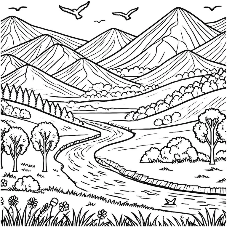 malvorlage-friedliche-landschaft-fluss-und-berge