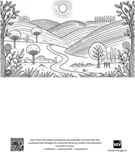 malvorlage-friedliche-landschaft-mit-huegeln-und-baeumen