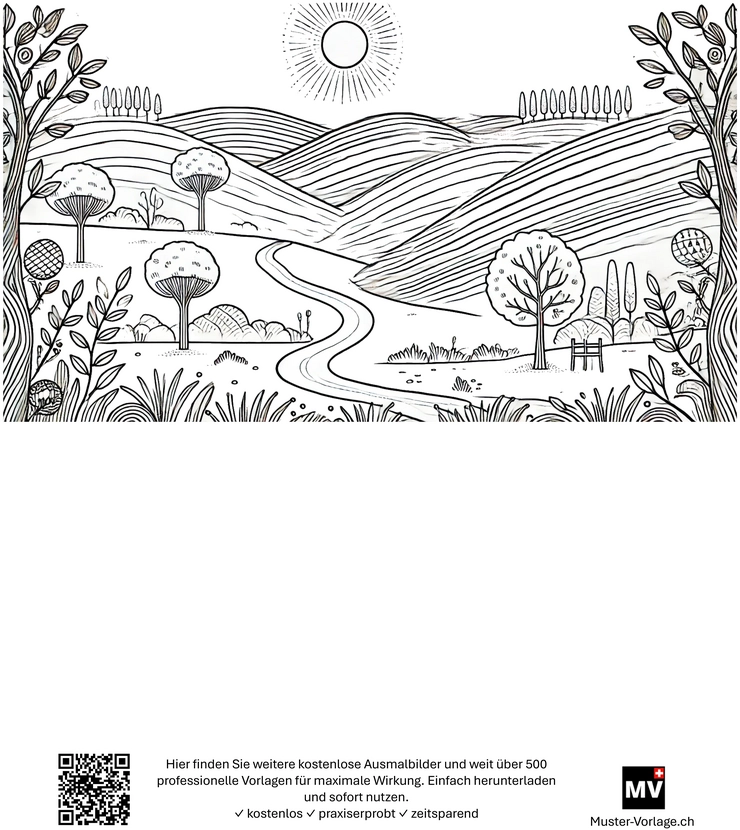 malvorlage-friedliche-landschaft-mit-huegeln-und-baeumen