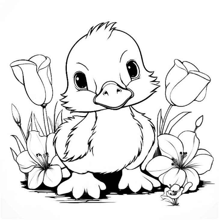 malvorlage-froehliche-ente-blumen