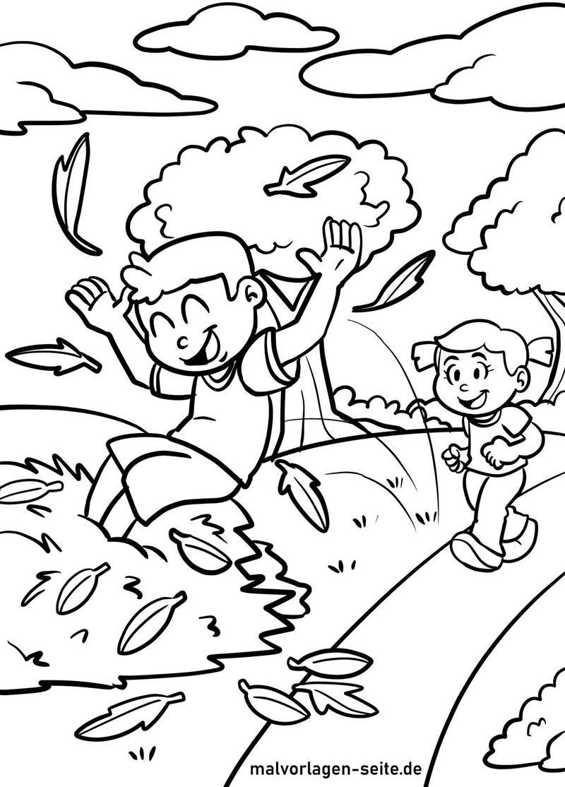 malvorlage-fröhliche-kinder-im-herbst-mit-blättern