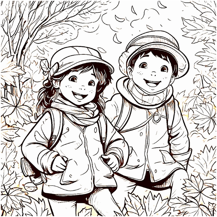 malvorlage-froehliche-kinder-im-herbst-mit-bunten-blaettern