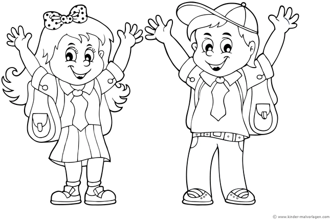 malvorlage-froehliche-kinder-in-schuluniformen-mit-rucksaecken