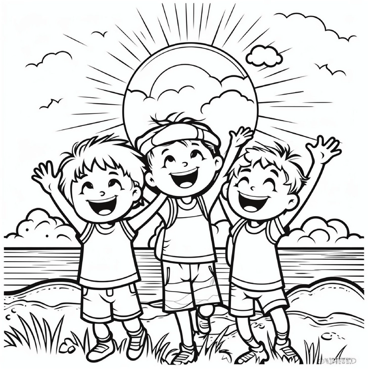 malvorlage-froehliche-kinder-unter-sonne