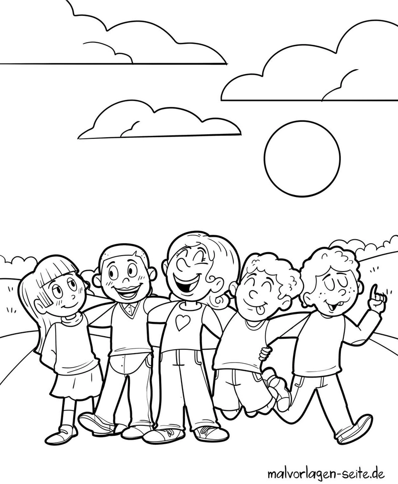 malvorlage-froehliche-kinderfreunde-mit-sonne-und-wolken