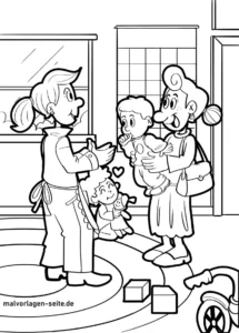 malvorlage-fröhliche-kita-szene-mit-familie-und-kindern
