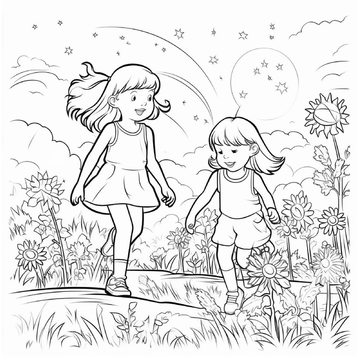malvorlage-froehliche-maedchen-in-der-natur