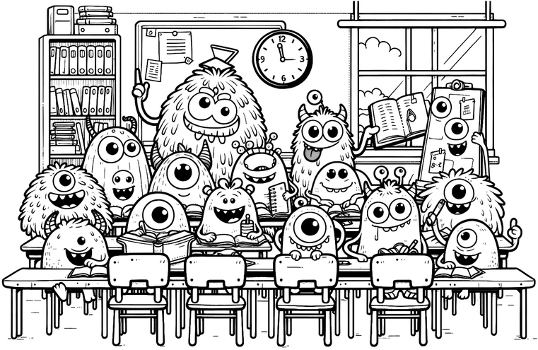 malvorlage-fröhliche-monster-im-klassenzimmer