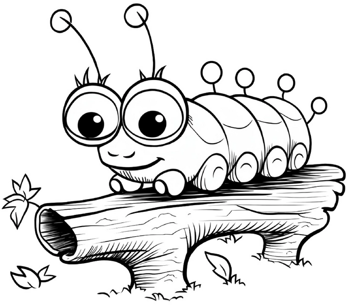 malvorlage-froehliche-raupe-auf-baumstamm