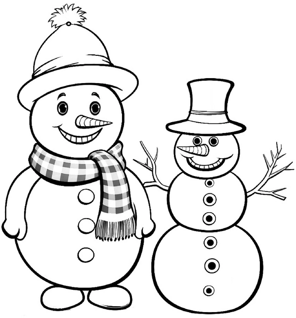 malvorlage-froehliche-schneemaenner-in-winterlandschaft
