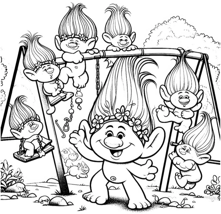 malvorlage-froehliche-trolle-auf-dem-spielplatz