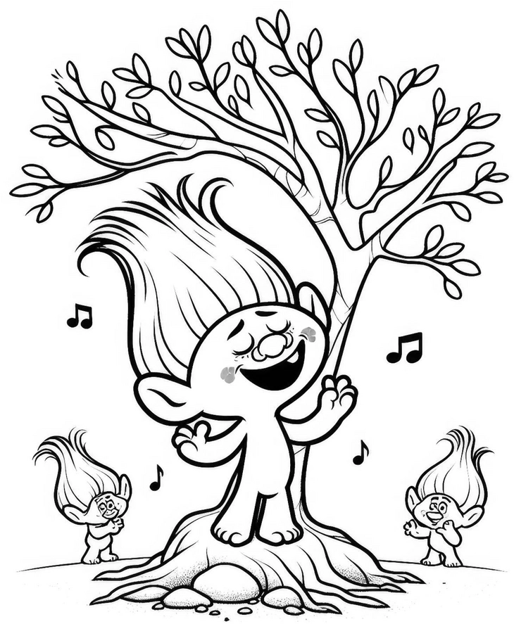 malvorlage-froehliche-wesen-unter-einem-baum-mit-musiknoten