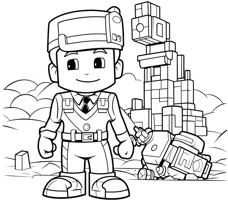 malvorlage-froehlicher-baumeister-mit-roboter-auf-baustelle