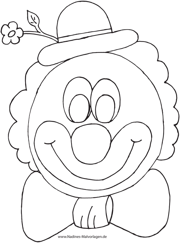 malvorlage-fröhlicher-clown-mit-blume-und-lächeln