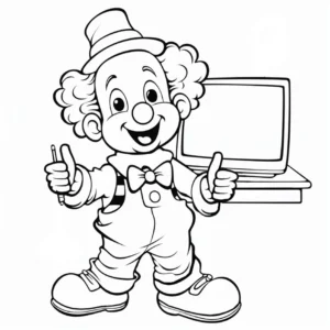 malvorlage-froehlicher-clown-mit-computer