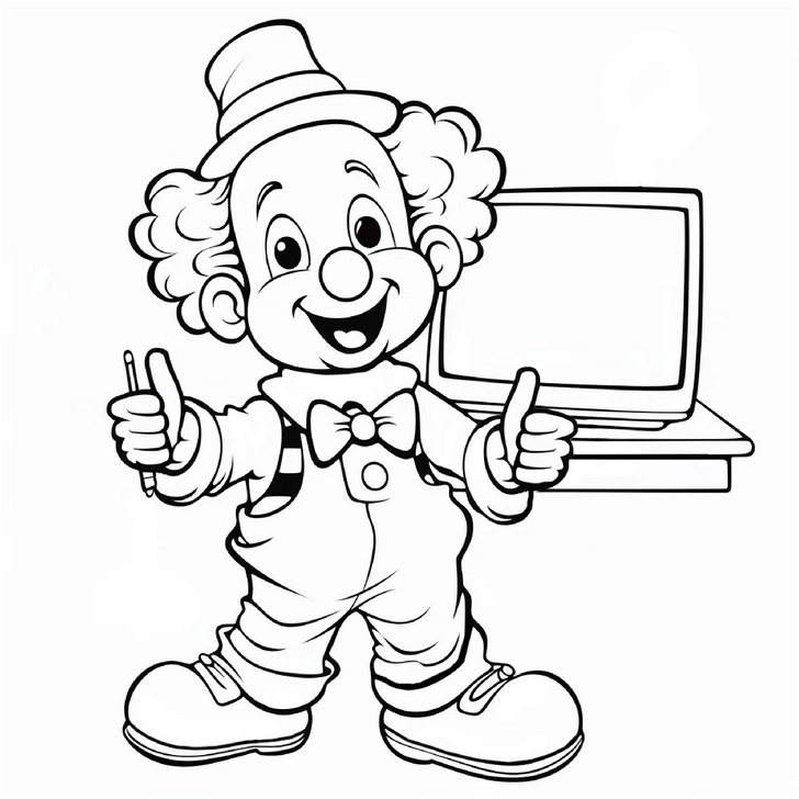 malvorlage-froehlicher-clown-mit-computer