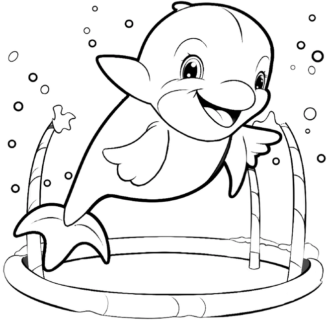malvorlage-froehlicher-delfin-im-zirkus