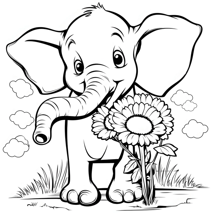 malvorlage-froehlicher-elefant-blume-wolken