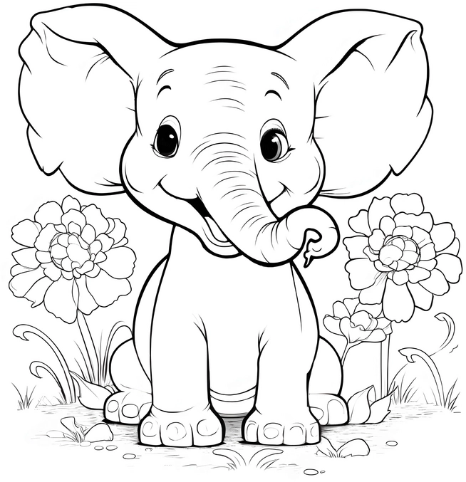 malvorlage-froehlicher-elefant-mit-blumen