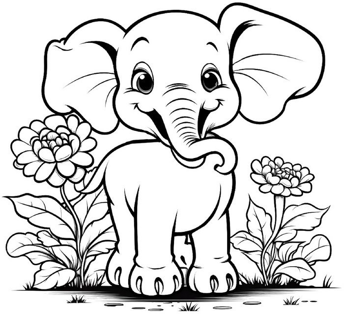 malvorlage-froehlicher-elefant-umgeben-von-blumen