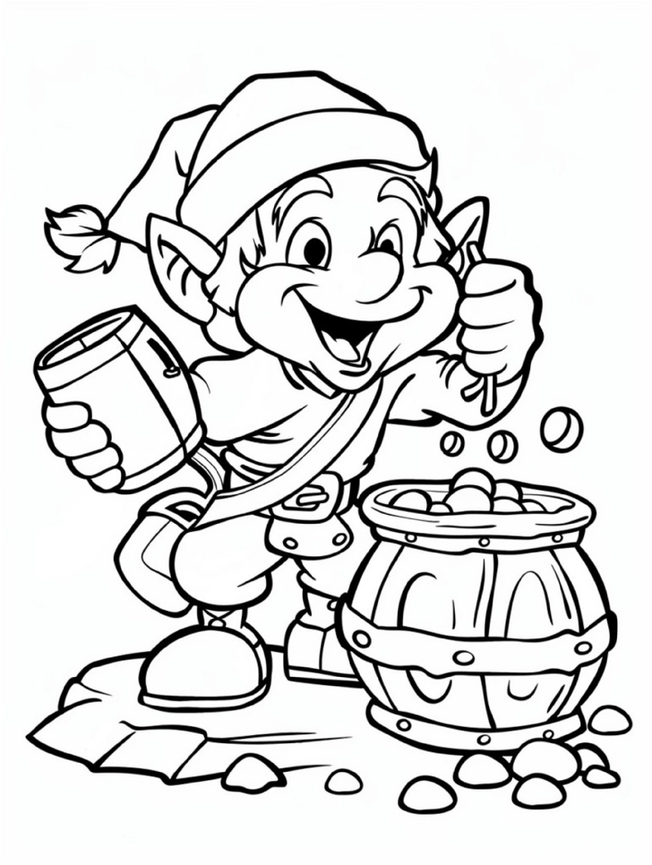 malvorlage-fröhlicher-elf-mit-goldmünzen