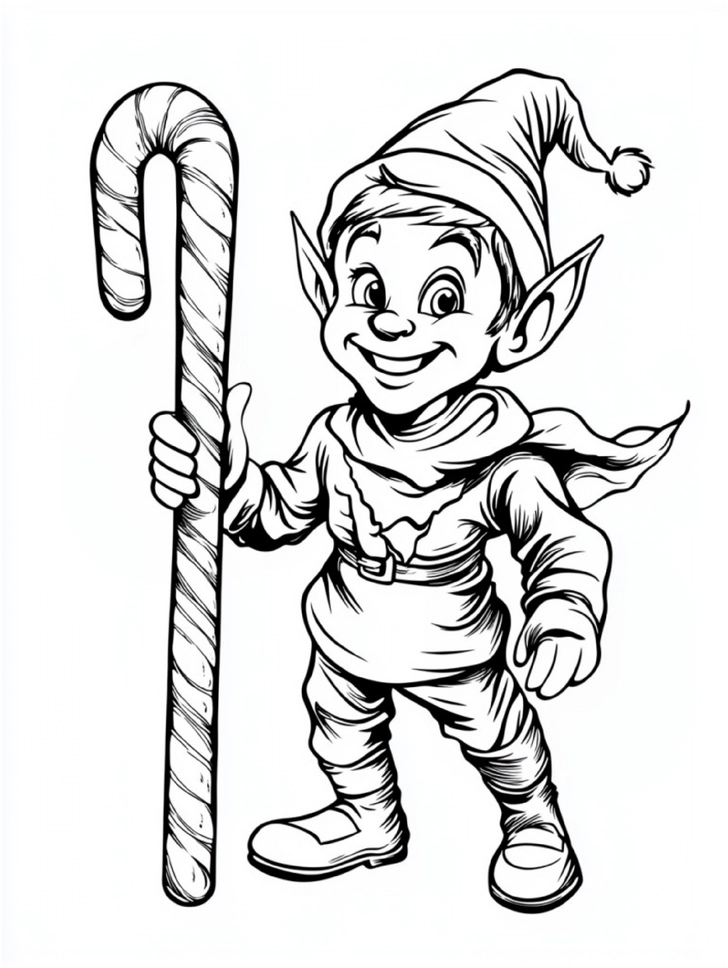 malvorlage-fröhlicher-elf-mit-zuckerstangenstock