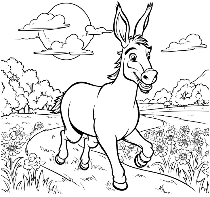 malvorlage-froehlicher-esel-in-bluehender-landschaft
