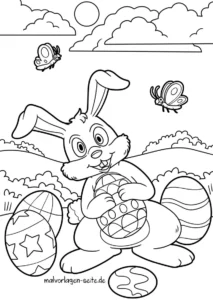malvorlage-froehlicher-hase-mit-osterei-und-schmetterlingen