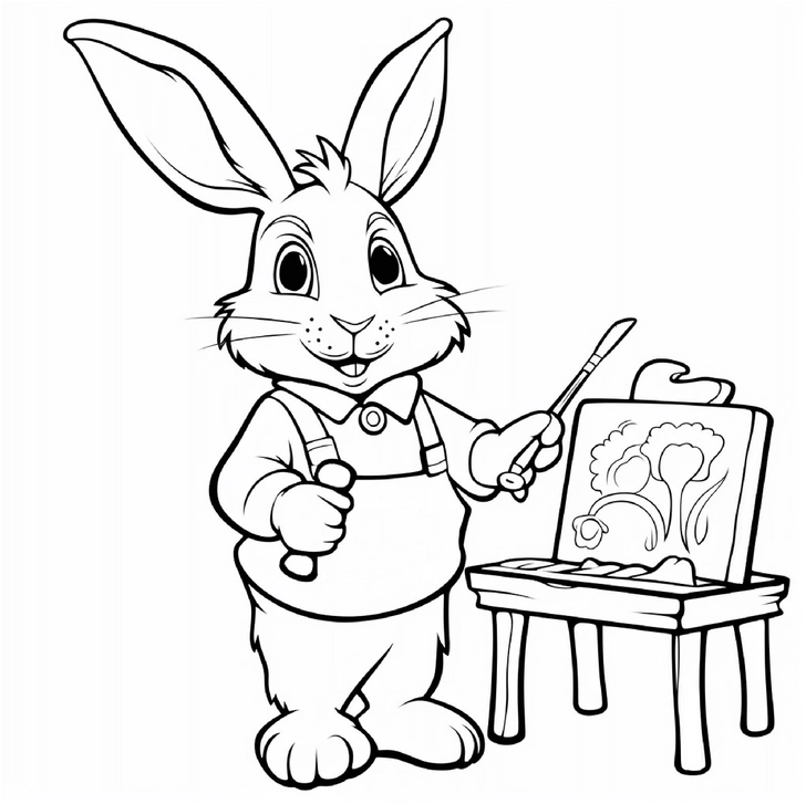 malvorlage-froehlicher-hase-mit-staffelei-und-blumen