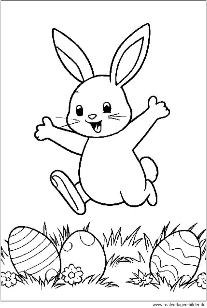 malvorlage-froehlicher-hase-springt-ueber-ostereier