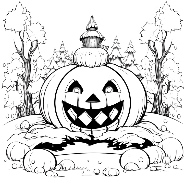 malvorlage-froehlicher-jack-o‘-lantern-mit-huette-und-baeumen
