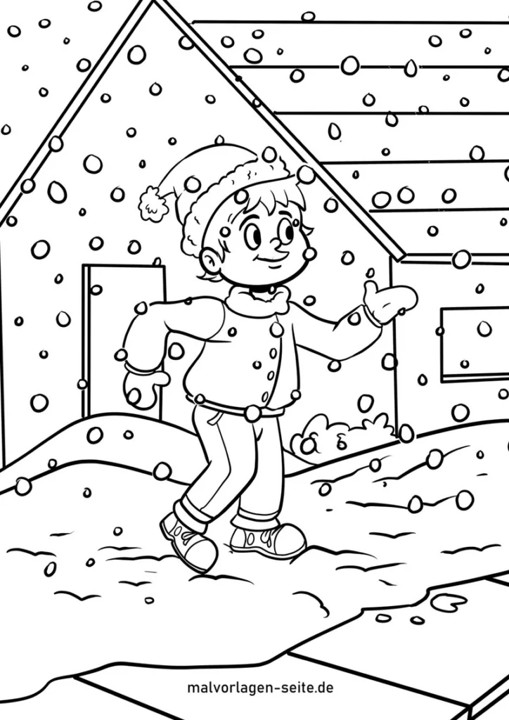 malvorlage-froehlicher-junge-im-schnee-mit-schneeflocken