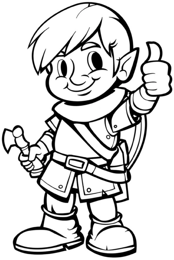 malvorlage-froehlicher-kleiner-held-mit-axt-und-daumen-nach-oben