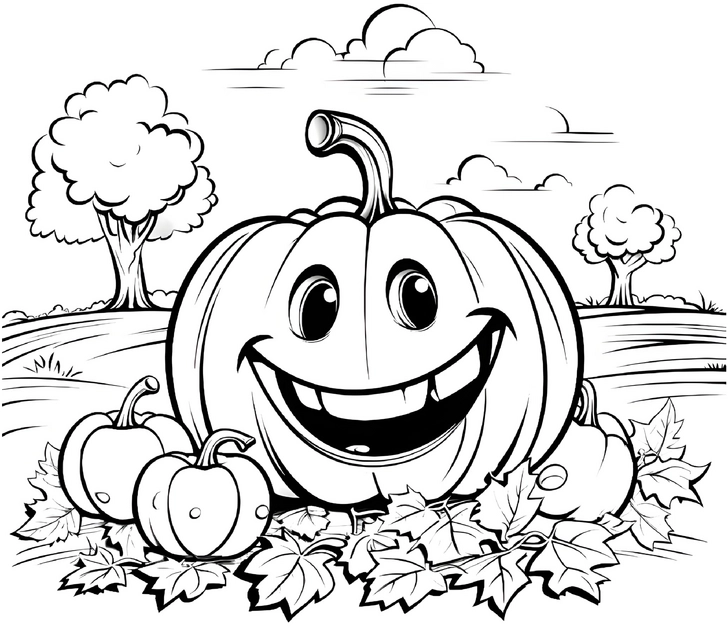 malvorlage-fröhlicher-kuerbis-im-herbst-mit-blaettern