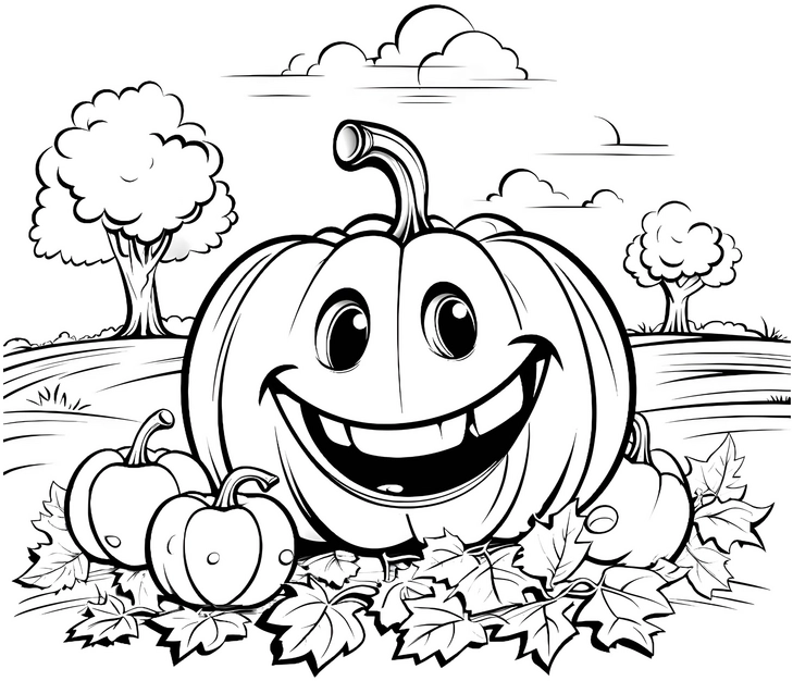 malvorlage-froehlicher-kuerbis-in-herbstlicher-landschaft