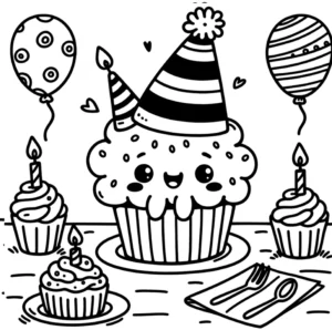 malvorlage-fröhlicher-muffin-luftballons-geburtstag