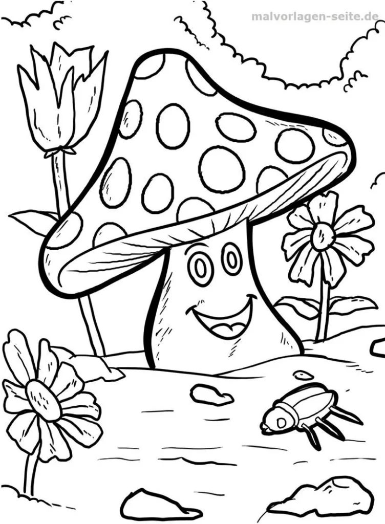 malvorlage-froehlicher-pilz-blumen-natur