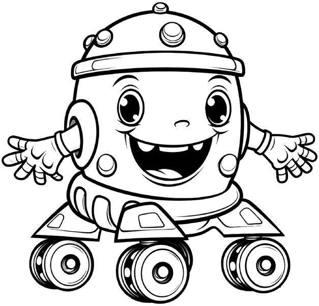 malvorlage-froehlicher-roboter-auf-rollschuhen