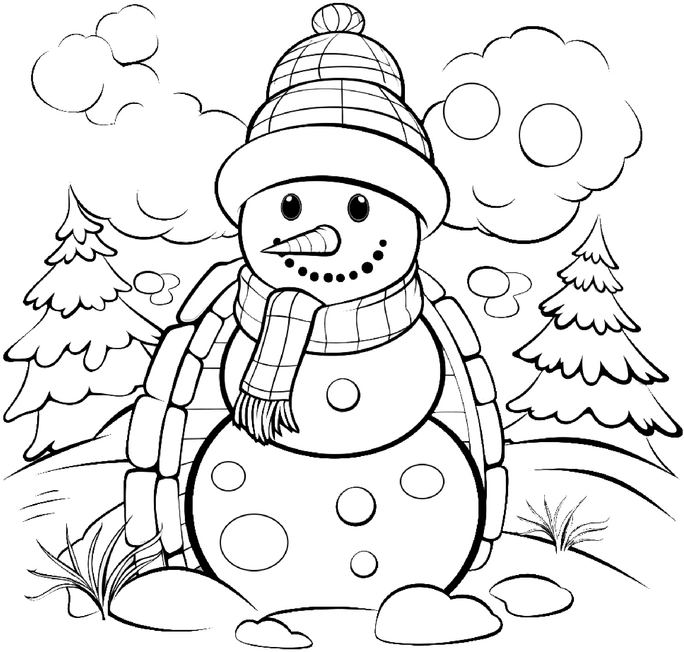 malvorlage-fröhlicher-schneemann-im-winterland