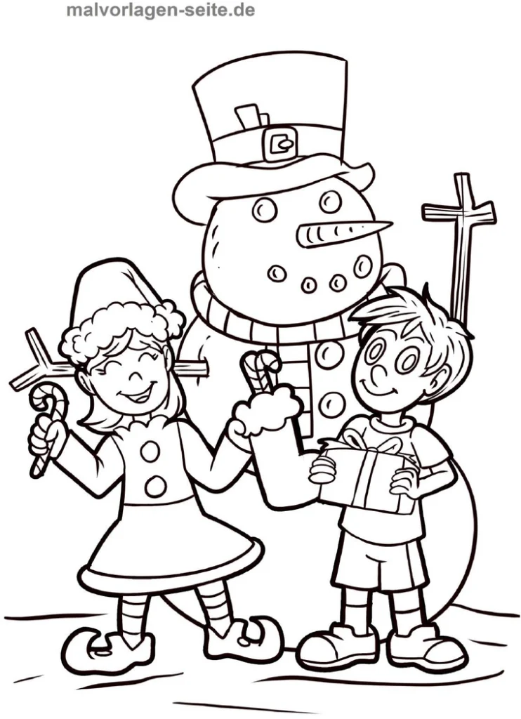 malvorlage-fröhlicher-schneemann-mit-kindern
