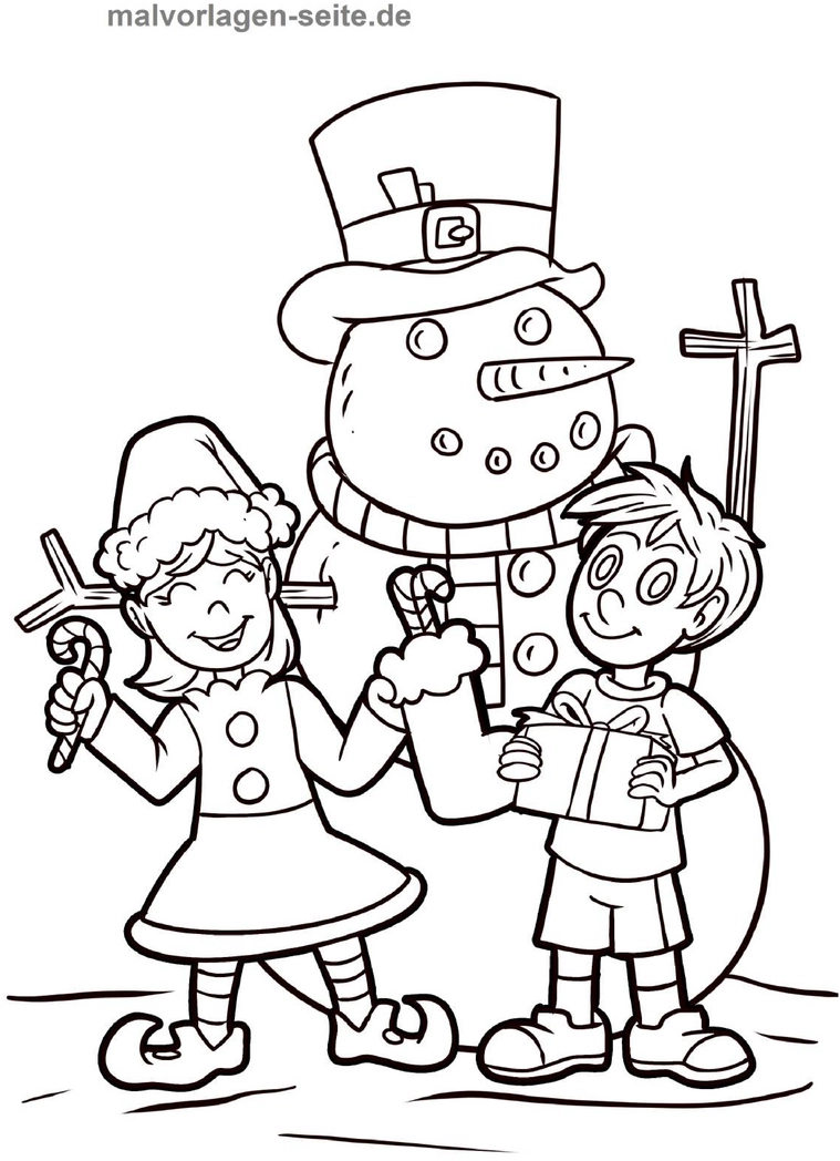 malvorlage-fröhlicher-schneemann-mit-kindern