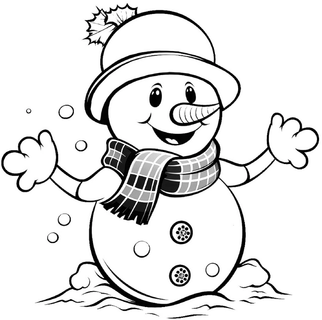 malvorlage-froehlicher-schneemann-mit-schneebaellen-in-winterlandschaft