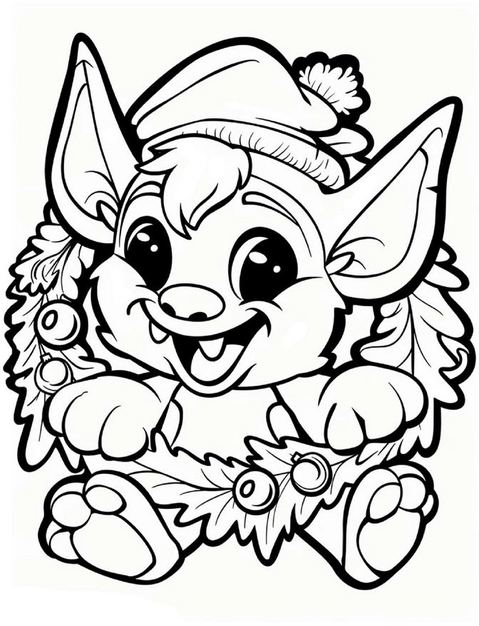 malvorlage-froehlicher-wichtel-mit-blatt-und-beeren