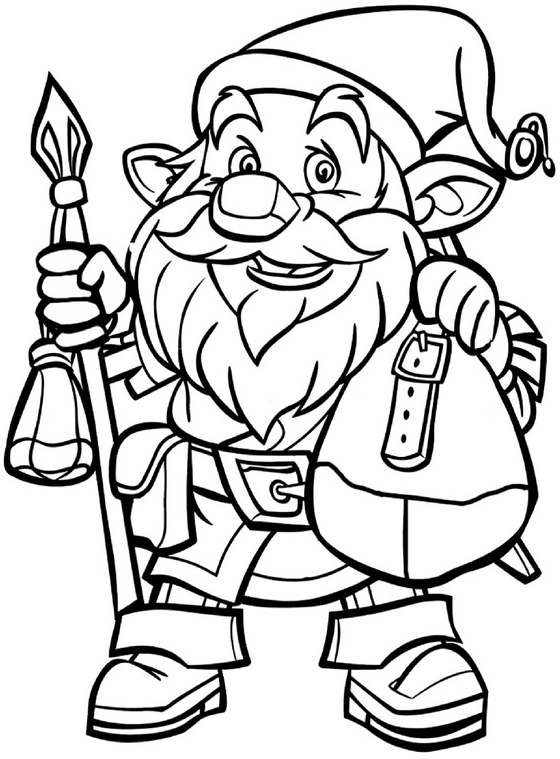 malvorlage-froehlicher-zwerg-mit-stock-und-tasche