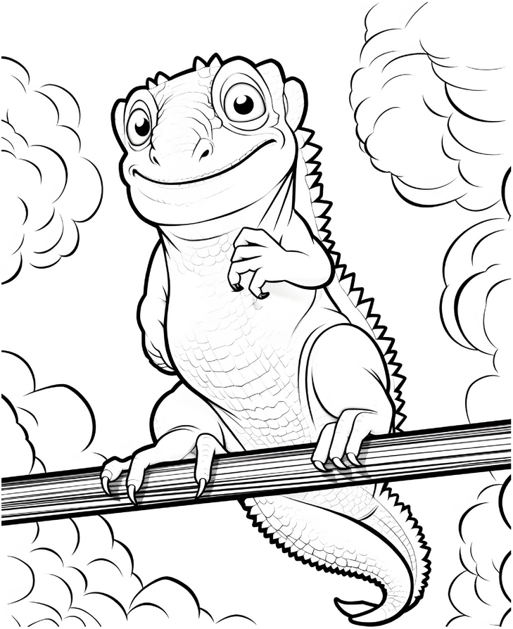 malvorlage-froehliches-chamaeleon-auf-ast-mit-wolken