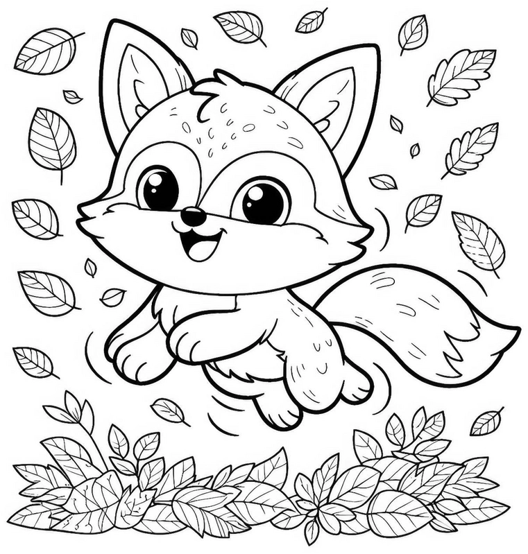 malvorlage-froehliches-fuchsbaby-herbstliche-blaetter