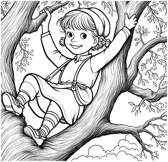 malvorlage-froehliches-kind-im-baum-zum-ausmalen