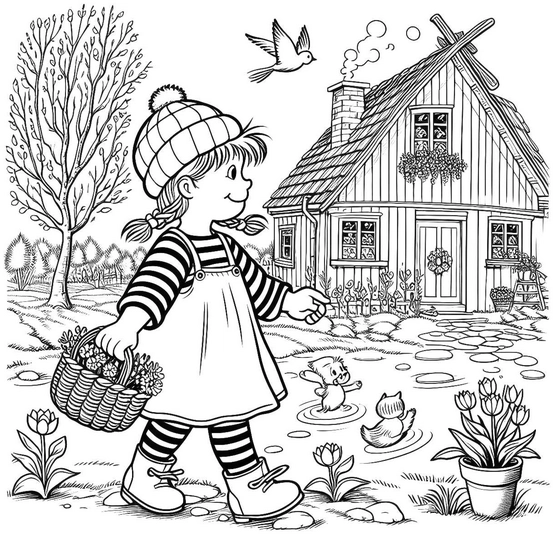 malvorlage-froehliches-kind-im-fruehling-mit-blumen-und-haus